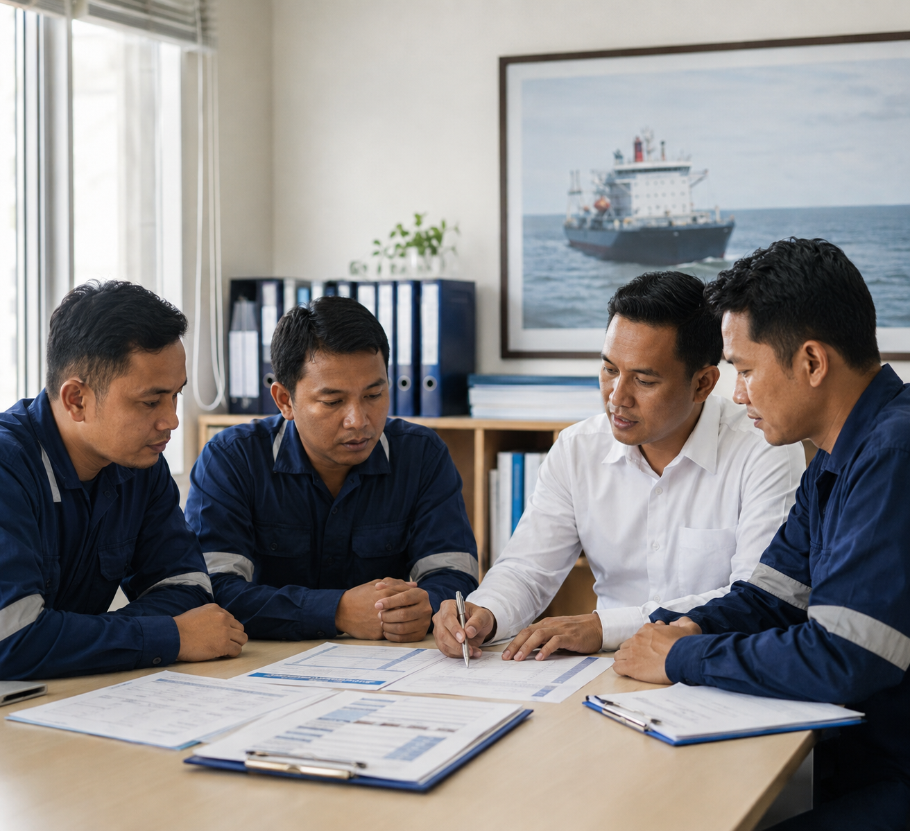 Indonesian crewing officer reviewing crew readiness with seafarers