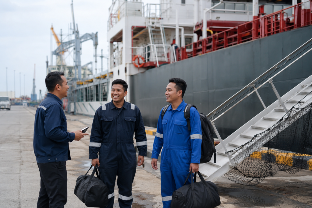 Indonesian seafarers receiving deployment coordination at port